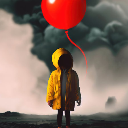 a mysterious child in a yellow raincoat with a red balloon against a background of black smoke, an illustration generated by Aiの素材