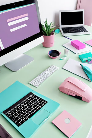 Workplace with a computer in the office pastel colors - blue and pink, Ai-generated illustrationの素材