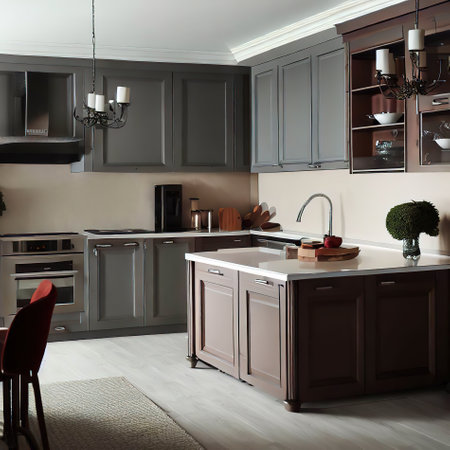 beautiful modern kitchen with large window in gray and cherry color, Ai generated illustrationの素材