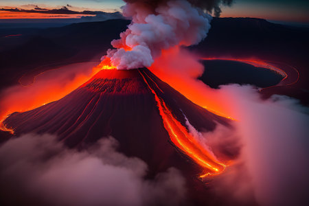 natural phenomenon - huge volcano eruption, flowing lava flows, illustration generated by Ai