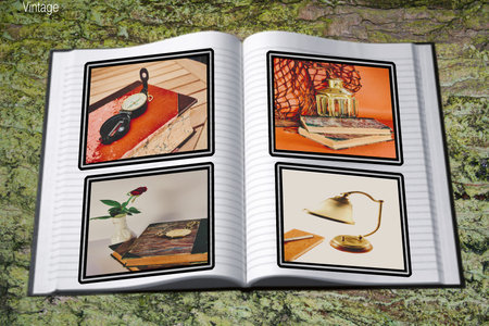 Different vintage elements as books, lamps and watches.