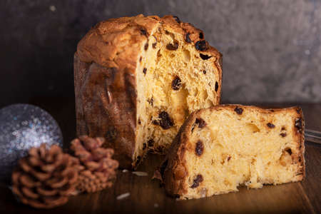 Panettone, traditional Italian Christmas cake with raisins and nutsの写真素材