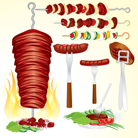 Set of assorted grilled:inc hot dog, steak, doner kebab, shish kebab, veggies shish kebabのイラスト素材