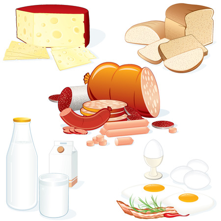 Set of detailed vector food illustrations (Meat, Cheese, Milk, Bread etc) all objects separated and grouppedのイラスト素材