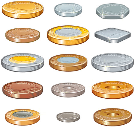 Numismatic collection of various world coins,Vector without gradients のイラスト素材