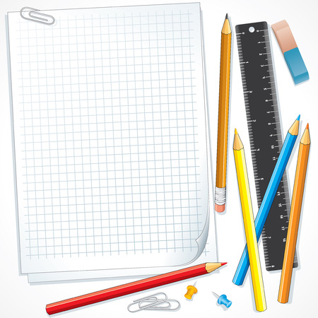 Notebook paper with school supplies -separated   objectsのイラスト素材
