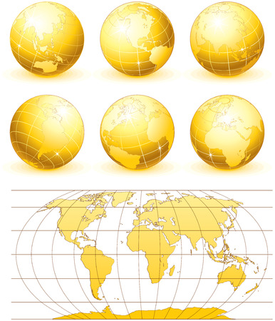 Collection of golden   globes with world mapのイラスト素材