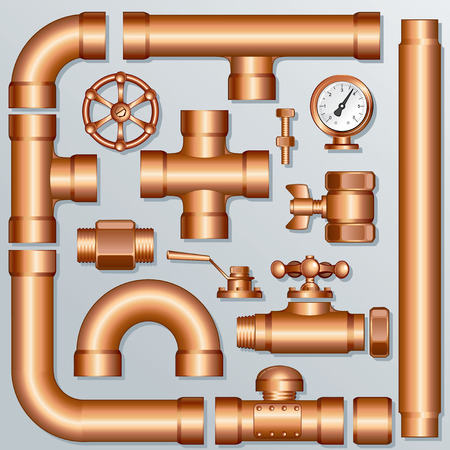 Collection of detailed Brass Pipeline pieces, for create your own domestic, industrial or brewery construction - all elements separated and groupedのイラスト素材