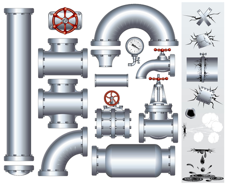 Set of industrial pipeline parts with set of various damaged elements.  gas or fuel pipe, faucet, valve, connector, shaft, wheel, fitting, gate, wheel etc...のイラスト素材