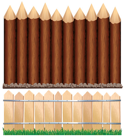 Illustration of rural wooden fence and log paling - all wood elements separated and groupedのイラスト素材