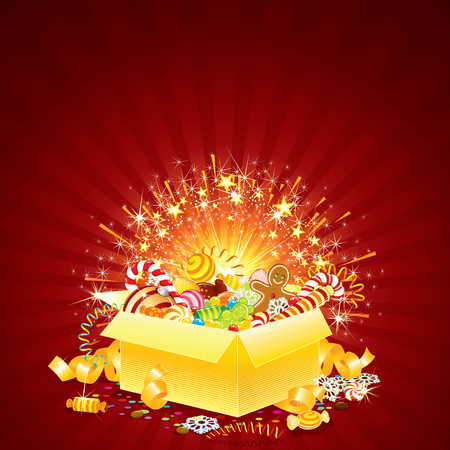 Brightly Greeting Card with opened Gift box for Christmas, Birthday or other Eventsのイラスト素材
