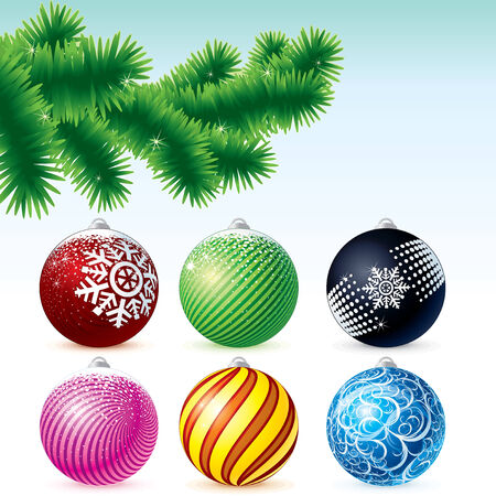 Xmas Baubles Collection with Fir Tree branch - colorful vector illustrationのイラスト素材
