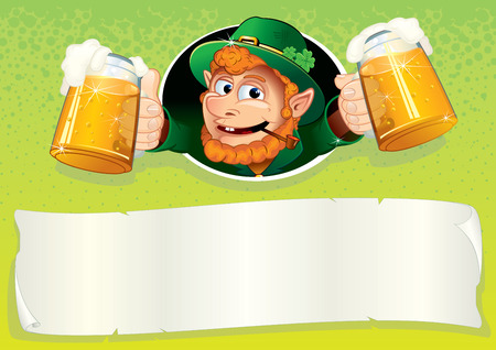 Friendly Irish Leprechaun with mugs of ale - Saint Patrick s Day festive background with blank banner for your text and greetingsのイラスト素材