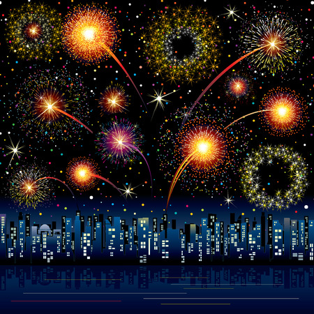 Festive Fireworks over a city - all elements groupedのイラスト素材