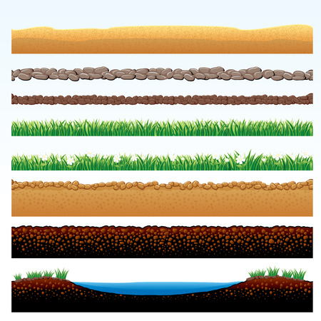 Natural Grass and Ground borders set - cartoon illustration of grass field, stone roadway, desert sands, cobblestone way - objects groupedのイラスト素材