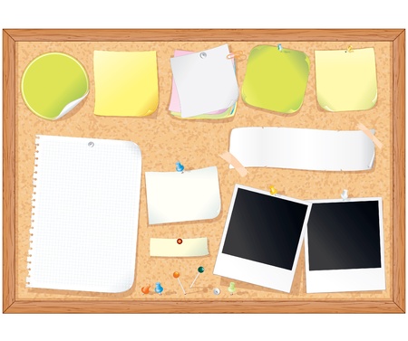 Cork message board with various paper notes and memo stickers - vector illustration , all elements separatedのイラスト素材