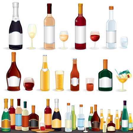 Variety popular alcohol Beverages from Bar, vector clip art isolated on whiteのイラスト素材