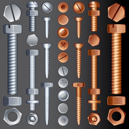 Steel and Brass Hardware, vector set of Screws, Rivets and Boltsのイラスト素材