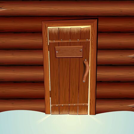 Santa Claus Wooden Hut with Closed Door and Blank Sign. Vector illustrationのイラスト素材