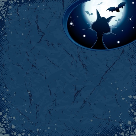 Vector Halloween Background, Black Cat against a Full Moon and Vampire Bats のイラスト素材