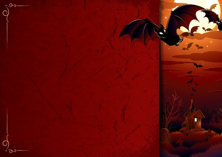 Halloween background with awful haunted house, flock of bats, full moon, bare tree and graveyardのイラスト素材