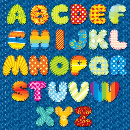 Stitches Patchwork Font, Vector Colorful Motley Alphabet for your Design and Textのイラスト素材