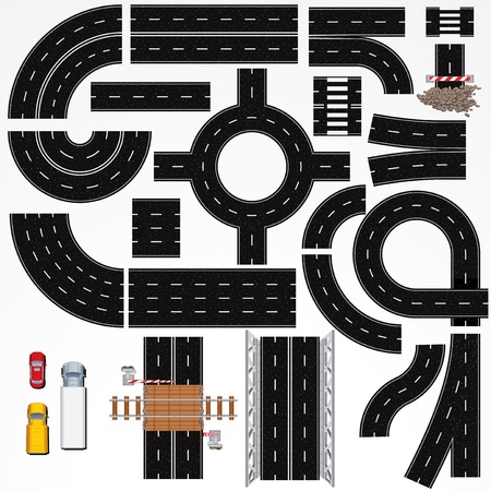 Collection of Isolated Connectable Highway Elements, Constructions and Various Vehicles  Vector Map Kit  1  Road Clip Art Series のイラスト素材