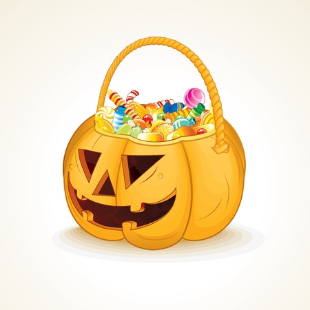 Tricks or Treats Halloween Jack O Lantern  Vector Illustration of Festive Basket with Sweetsのイラスト素材