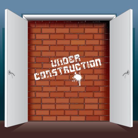Doors Open To A Brick Wall with Inscription Under Construction. Vector Illustrationのイラスト素材