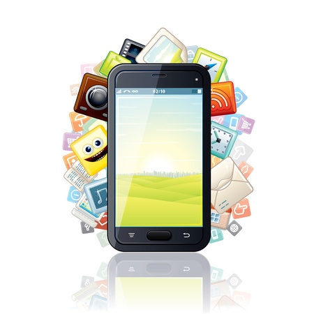 Smartphone, Surrounded by Media Apps Icons の写真素材