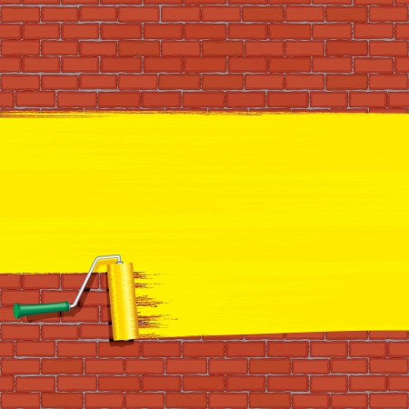 Yellow Roller Brush Painting on Brick Wall の写真素材