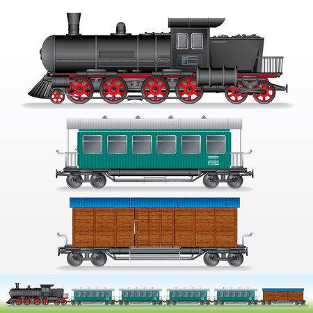 Retro Steam Lokomotive, Cargo and Passenger Waggonの写真素材