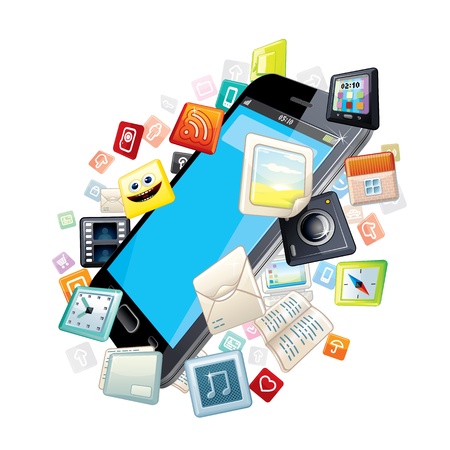 Mobile Smart Phone with Software Apps Icons Aroundの写真素材