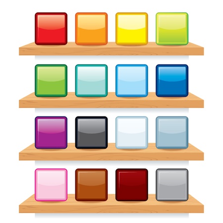 Multicolored Icons on Wood Shelf Display.のイラスト素材