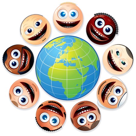 Happy Smiling Multiracial Group of Smiley Faces Around Colourful Globe.の写真素材
