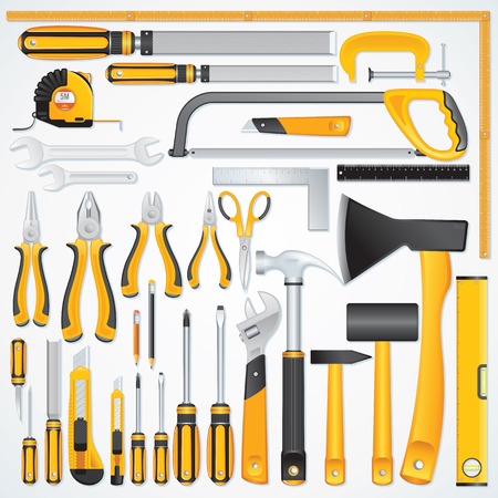 Icons of Modern Hand Tools. Instruments Collection for Metalwork, Woodwork, Mechanical and Measuring Works.の写真素材