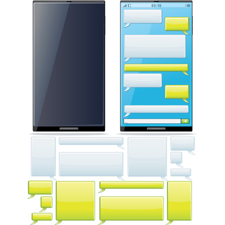 Smartphone SMS Chat Template. Phone Display with Set of Vector Speech Bubbles for Your Text.のイラスト素材