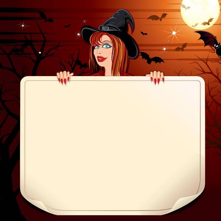 Happy Halloween Poster with Illustration of Pretty Witch on the Moony Background. Vecto Ready for Your Text and Design.のイラスト素材
