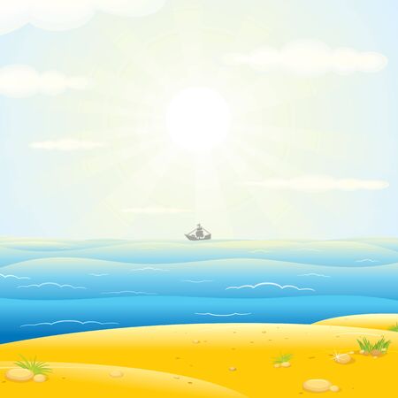 Sailboats Silhouette with Sunny Sea Background. Vector Imageのイラスト素材