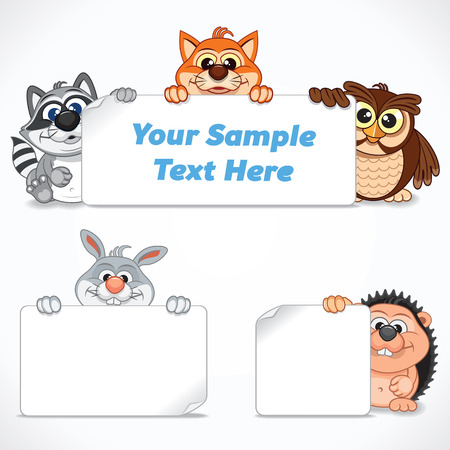 Cute Wild Animals with Banners and Labels. Cartoon Image Ready for Your Text and Design.のイラスト素材