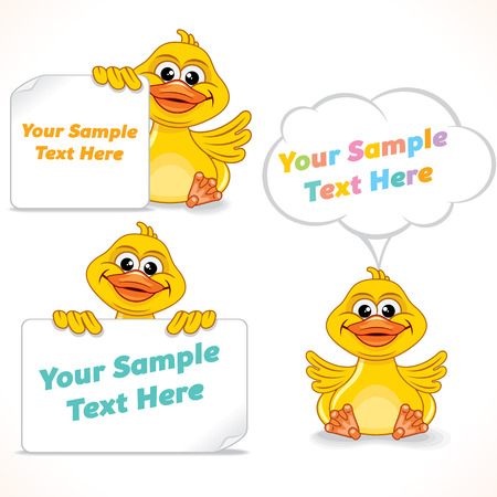 Funny Little Duck Showing Blank Banner and Sign. Advertising Image Ready for Your Text and Design.のイラスト素材