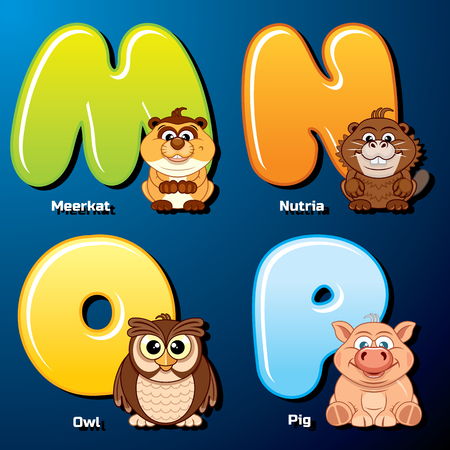 Zoo Alphabet. Cute Animals and Birds in Alphabetical Order. Cartoon Vector Illustration.のイラスト素材