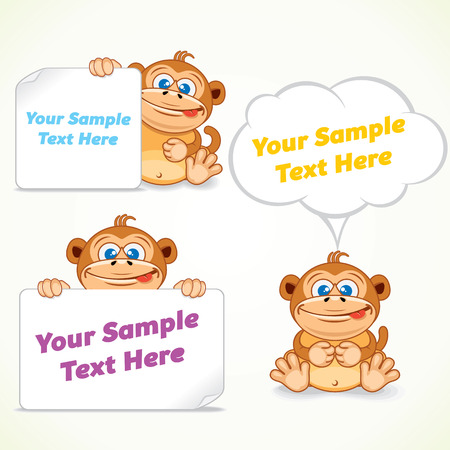 Funny Cartoon Monkey with Various Banners. Vector Image Ready for Your Text and Design.のイラスト素材