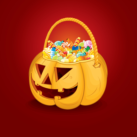 Halloween Pumpkin Bucket with Candy and Sweets. Vector Ready for Your Text and Design.のイラスト素材