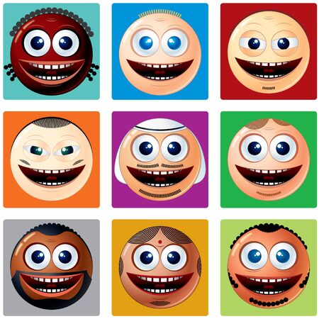 Nationality Smiley Icons. Set of Smileys. Various Cartoon Man Faces with Different Ethnicityのイラスト素材