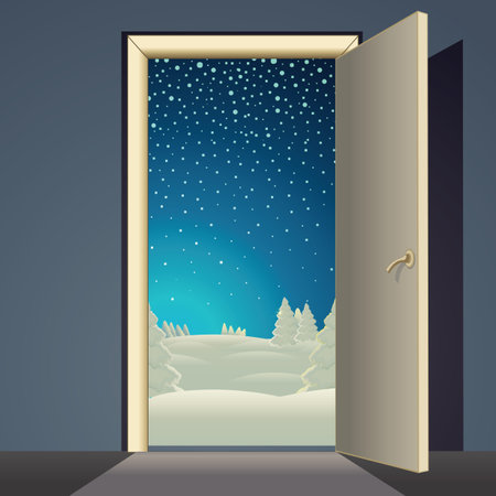 Winter Landscape from Opened Door. Vector Illustrationのイラスト素材