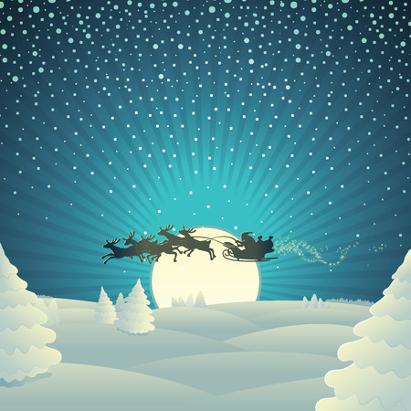 Christmas Landscape Background with Flying Santa Claus Sleighのイラスト素材