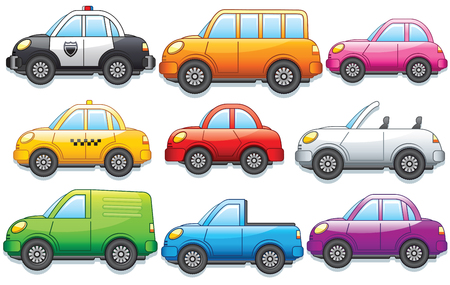 Funny Cartoon Toy Cars. Different Car, Bus, Van and Trucks. Vector Clip Artのイラスト素材