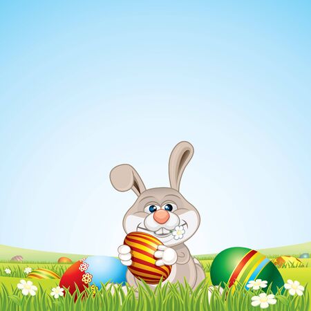 Bunny with Easter Eggs on Scenic Landscapeのイラスト素材