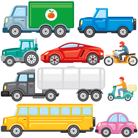 Flat Colored Cartoon Cars and Trucks Iconsのイラスト素材
